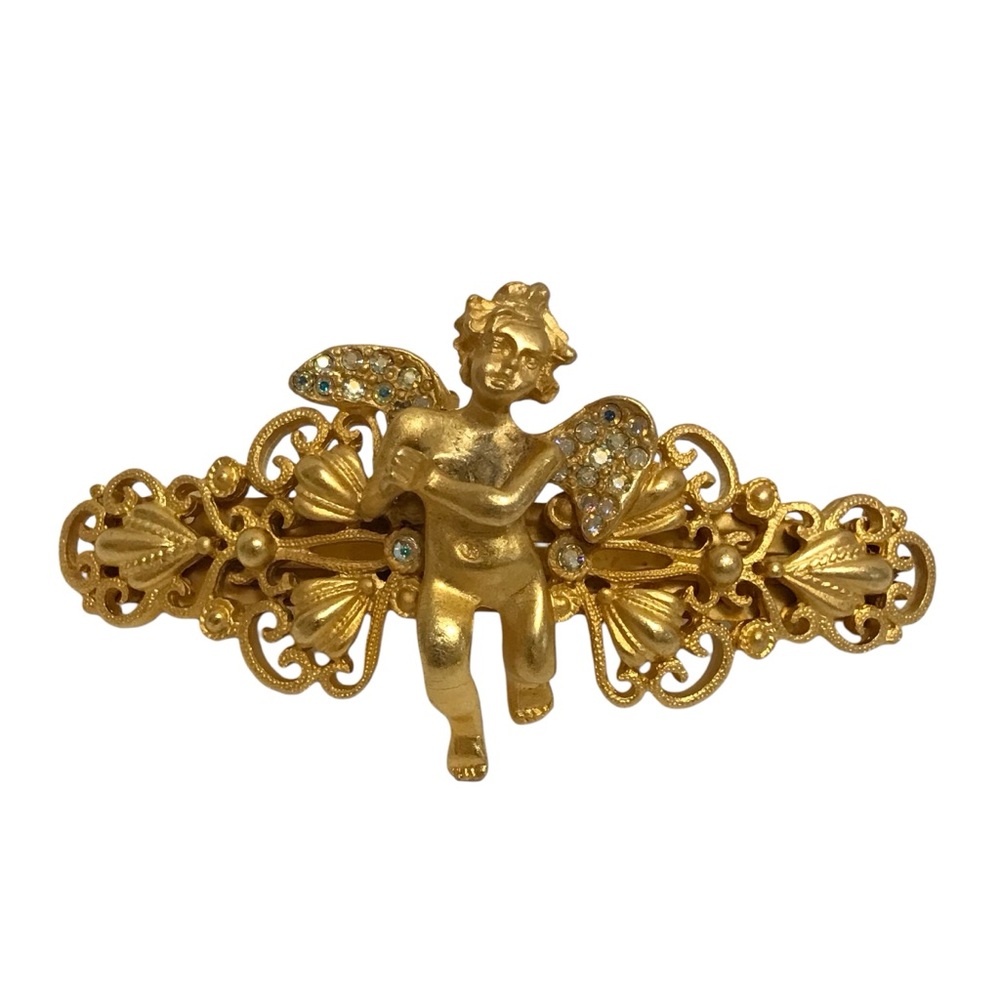 Kirks Folly Vintage LARGE Cherub Angel Hair Barrette AB Stones Matte Gold Tone